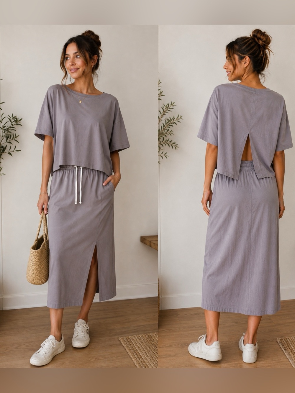 Free‑Est 100% Cotton Lounge Top Skirt Set – Taupe Gray (Size S‑P)